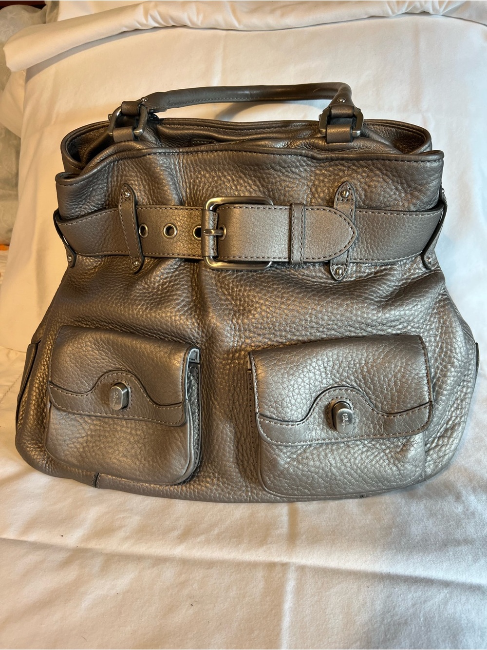 Cole Haan Pewter Pebbled Satchel Top Handle Bag w/Detachable Strap Magnetic